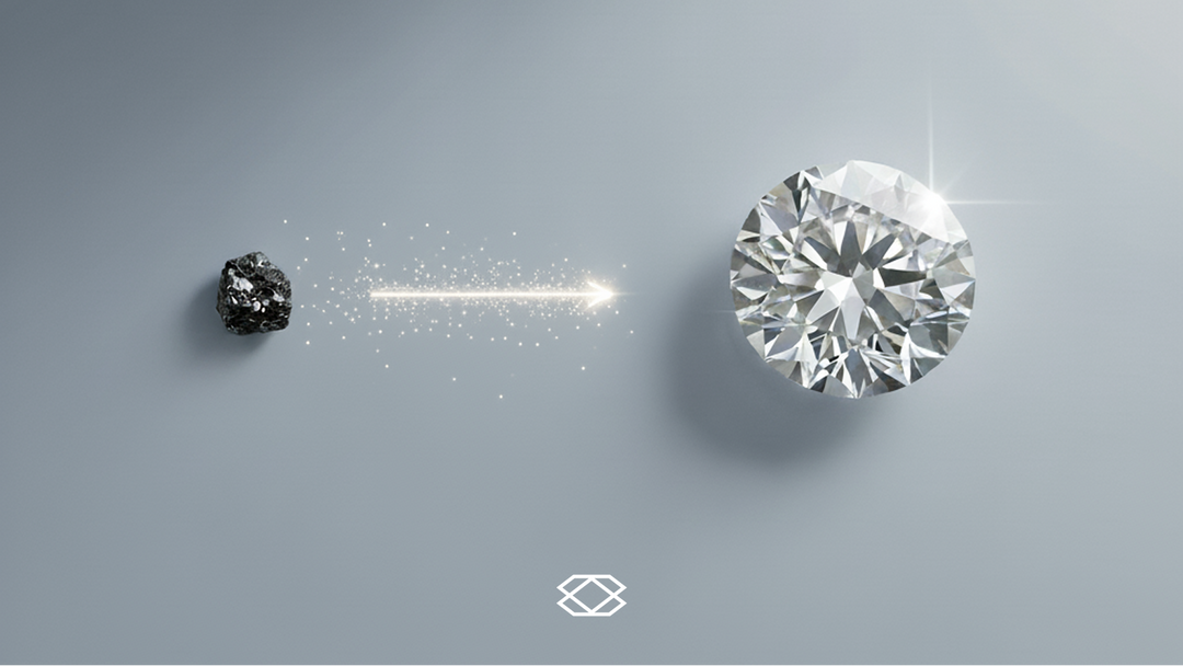 The creation journey of a lab-grown diamond, from the raw carbon seed to the final polished, high-quality gemstone.